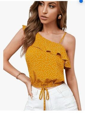 SHEIN Mustard Polka Dot One-Shoulder Ruffle Camisole